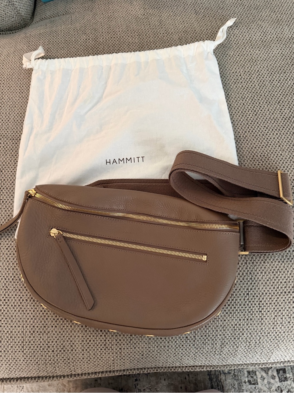 Hammitt Charles large Taupe Brown Leather Crossbody Belt Bag with Gold Hardware
